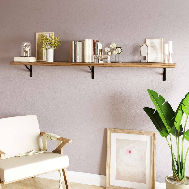 Wallniture Forme 48"-84" Long Floating Shelves Living Room & Office Decor, Solid Wood Shelves, Wall Mounted, 1.5" Thick, Burnt - 72" Long