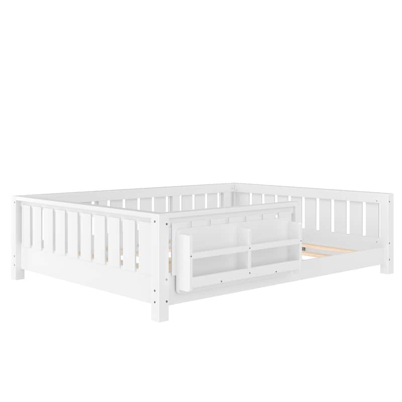 Low Profile Montessori Bed Floor Platform Bed with Fence and Bookshelf