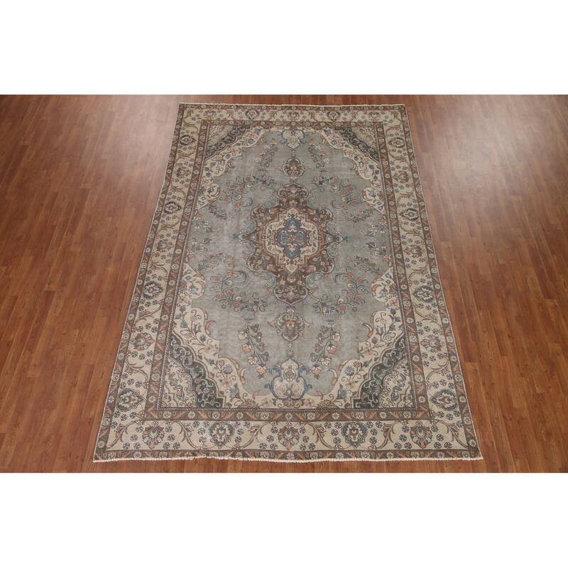 Hand Knotted Oriental 100% Wool Carpet Traditional Medallion Greys & Charcoal Tabriz Area Rug - 10' 9'' X 7' 2''