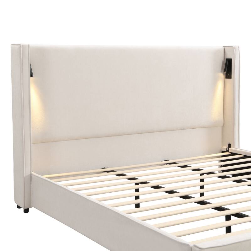 Beige Frame Upholstered Platform Wingback Bed Thick Corner High Headboard with 2 Sets of Wall Sconces, Center Metal Legs Support