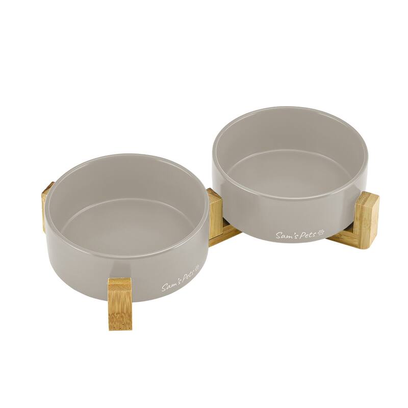 Coco Dual Pet Bowl with Wood Stand 5.11'' in Gray - 10.8