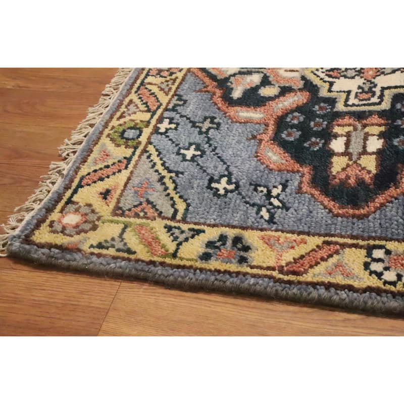 Hand Knotted Oriental 100% Wool Carpet Traditional Geometric Navy Blue & Blues Kazak Area Rug - 10' 2'' X 2' 6''