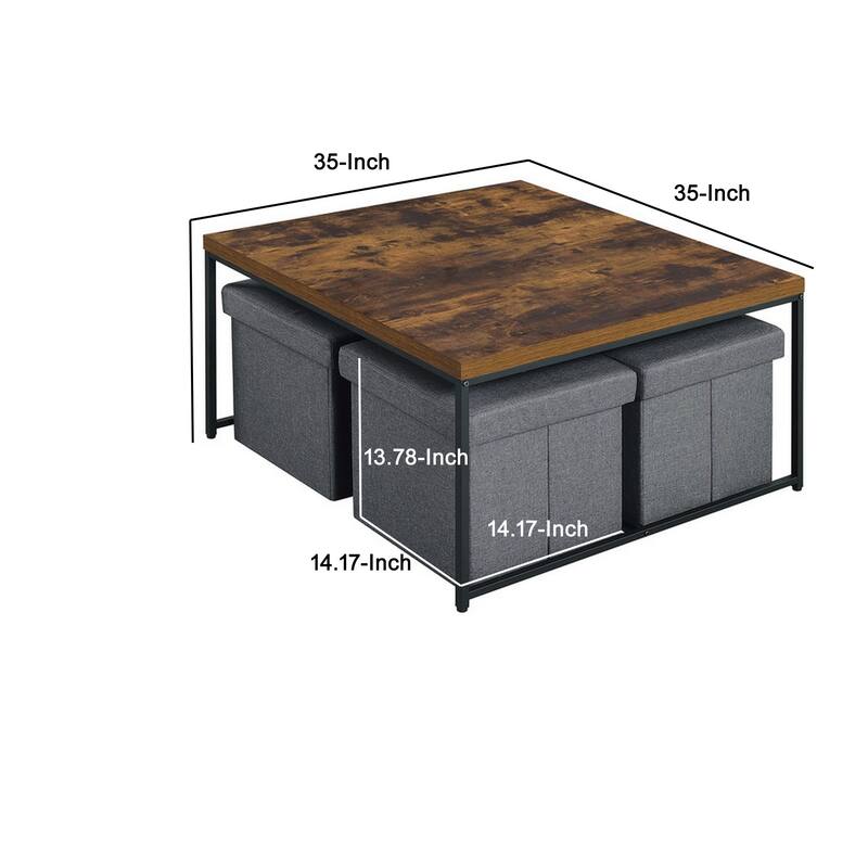 All 5 Piece Coffee Table Set, Oak Brown Top with 4 Nesting Storage Bins