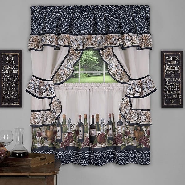 slide 1 of 1, Chateau 3-Piece Kitchen Curtain Valance & Tiers Cottage Set, Navy, 57x36