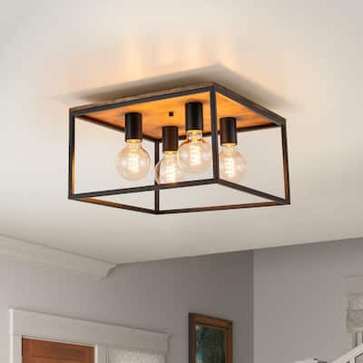 14.6''W Matte Black 4-Light Open Cage Square Ceiling Light - 14.6in