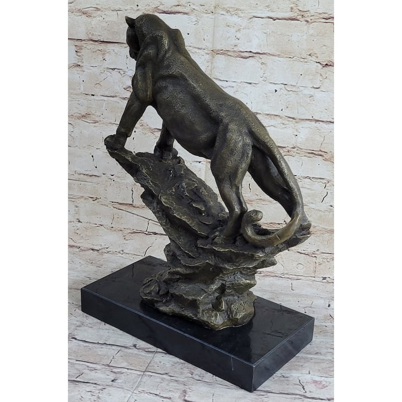 Puma Cougar Lioness Mountain Lion Standing On Rock Bronze Sculpture Statue Marble Base