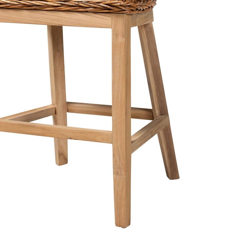 Mario Modern Bohemian Natural Brown Finished Teak Wood and Rattan 2-Piece Chair/ Stool Set