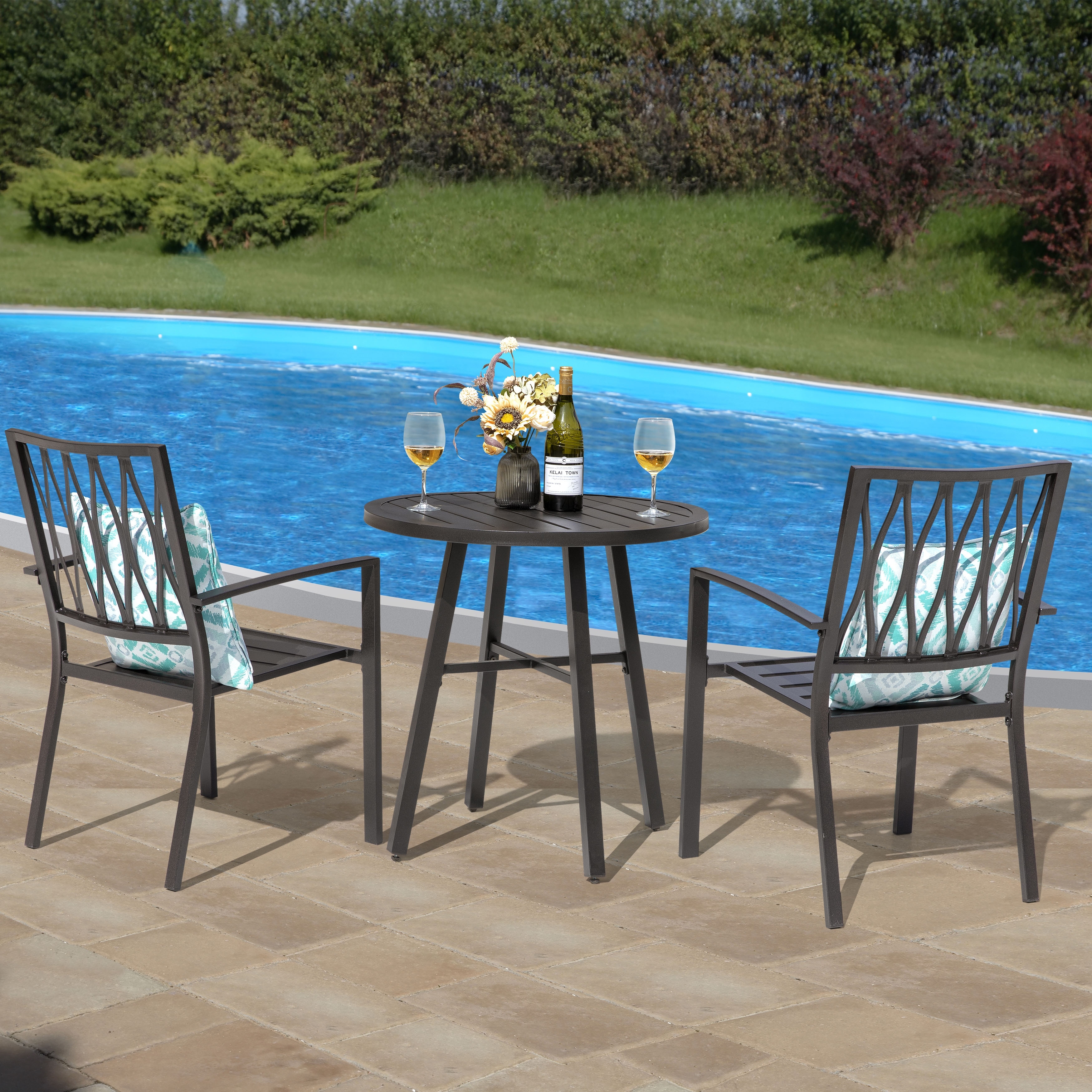 Blue Bistro Set 3 Piece Water Resistant Patio Garden Outdoor Iron Table Chairs