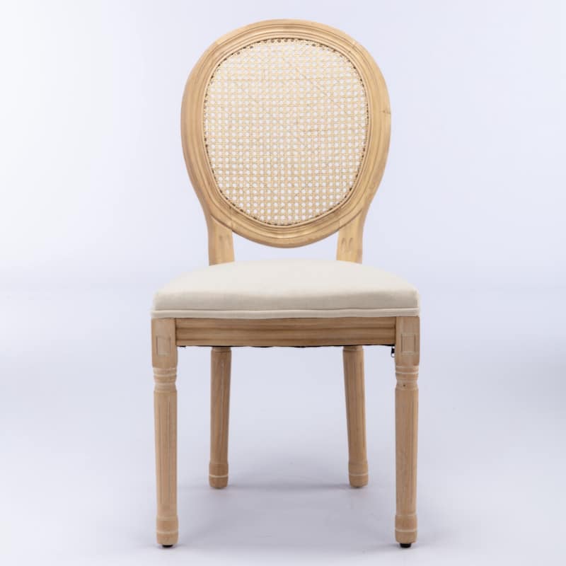 Furniture,French Style Solid Wood Frame Antique Painting Linen Fabric Rattan Back Dining Chair,Set of 2