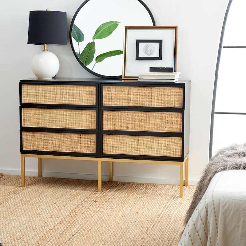 SAFAVIEH Audrey 6 Drawer Rattan Dresser - Black/Gold