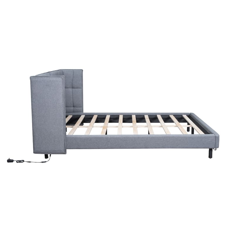 HomeRoots Gray Tufted Upholstered Queen Bed Frame With LED Lighting And USB