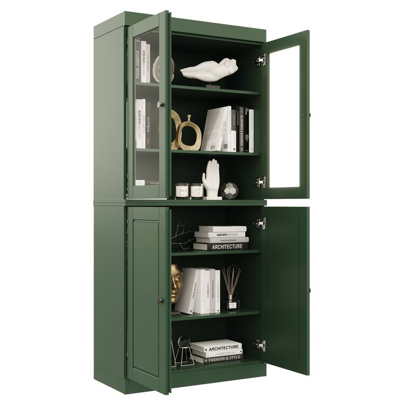Palace Imports Solid Wood 6-Shelf Bookcase, Raised Panel Clear Glass Doors, Adjustable Shelves