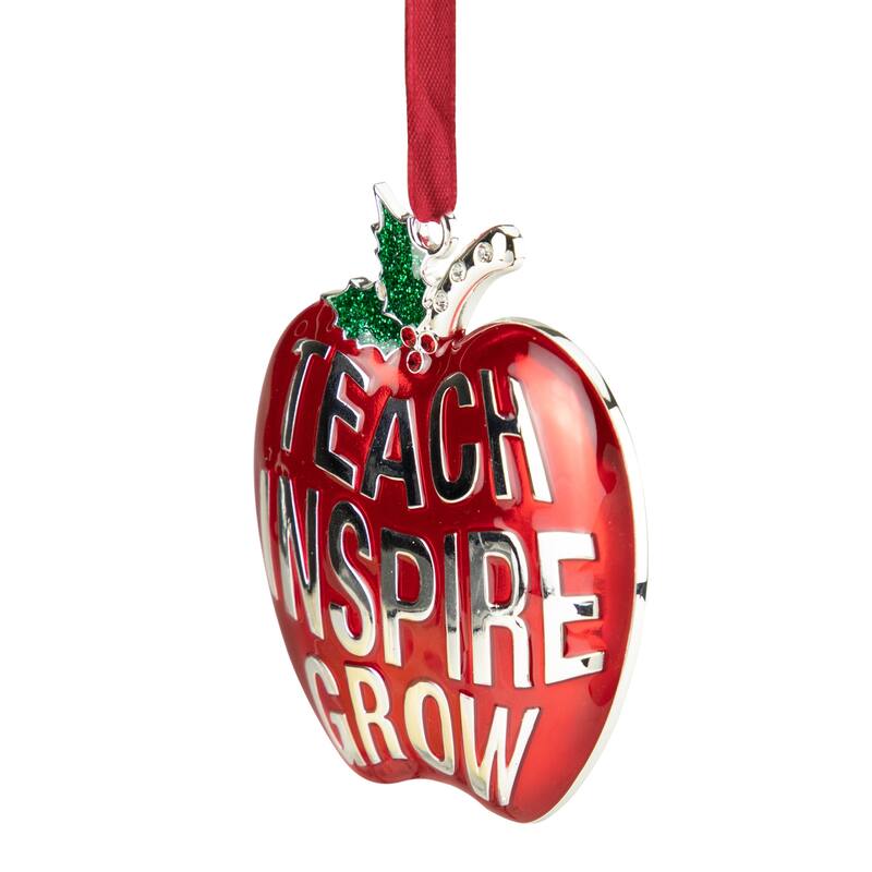 3.25" Red Silver Plated Apple Teacher Ornament European Crystals