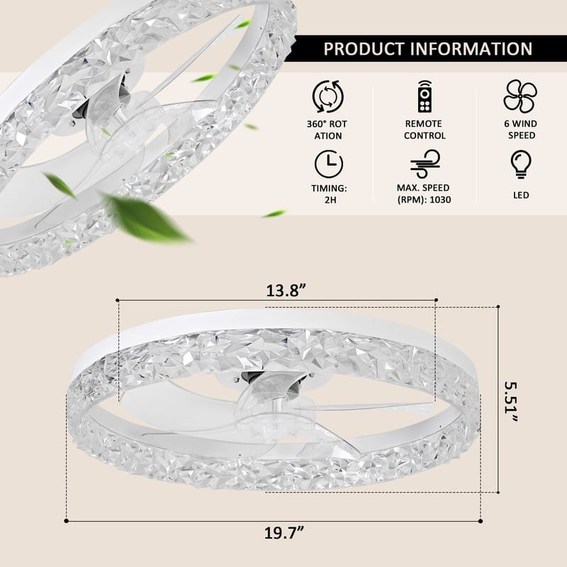 20" Ceiling Fan with Lights, Dimmable LED 6 Speeds Reversible Blades Timing with Remote Control