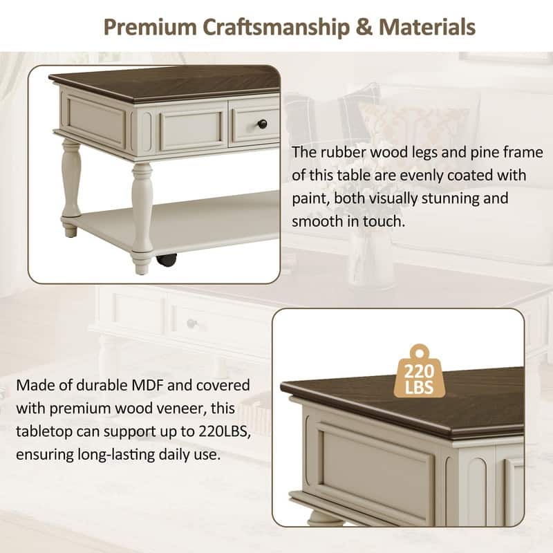 Farmhouse Coffee Table with One Drawer, Easy Assembly, Retro Movable Rectangular Cocktail Table with Lockable Wheels