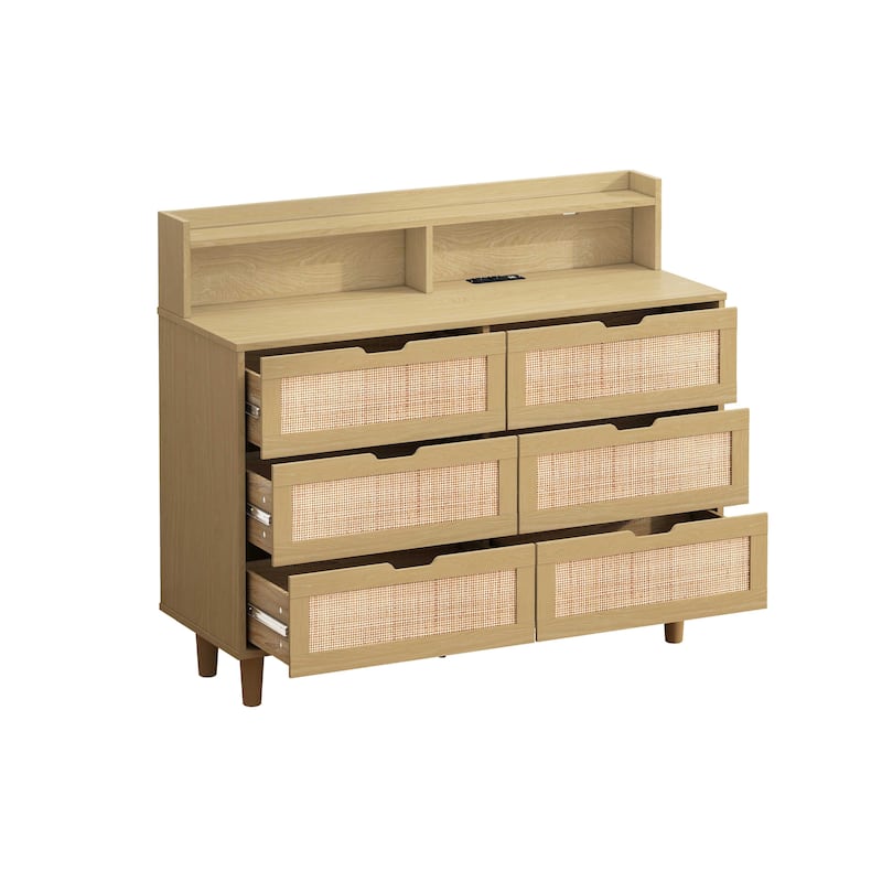 43.31"6-Drawers Rattan Storage Cabinet Rattan Drawer with LED Lights and Power Outlet