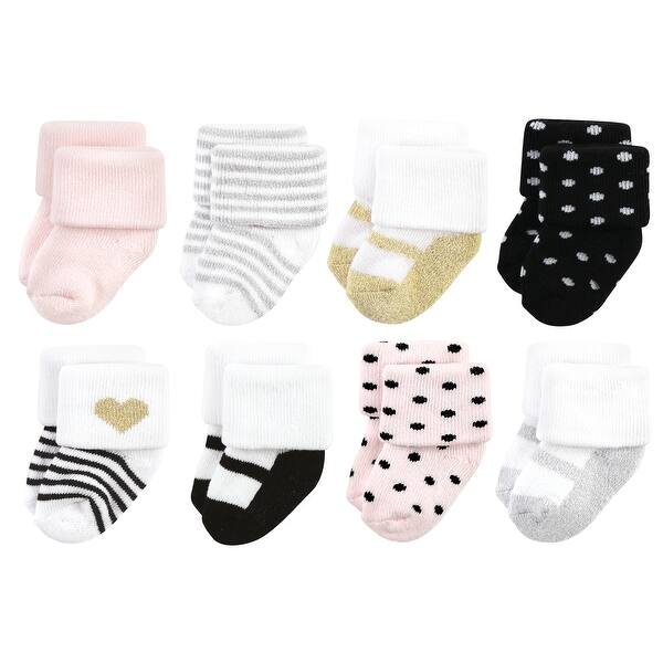 slide 1 of 1, Hudson Baby Infant Girls Cotton Rich Newborn and Terry Socks, Silver Gold Pink Silver Gold Pink - 0-6 Months