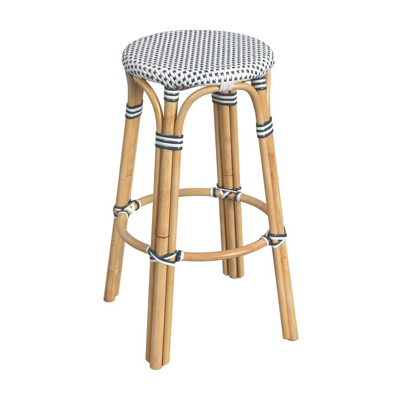 Tobias Rattan Round Bar Stool - White/Navy Dot / Natural Rattan Frame