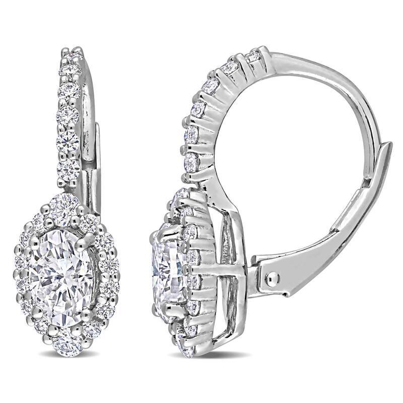 Miadora 1 1/2ct DEW Oval-cut Moissanite Halo Drop Leverback Earrings in Sterling Silver
