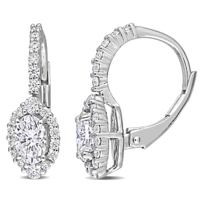 Miadora 1 1/2ct DEW Oval-cut Moissanite Halo Drop Leverback Earrings in Sterling Silver
