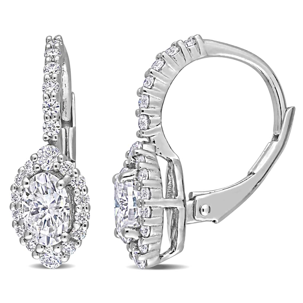 Miadora 1 1/2ct DEW Oval-cut Moissanite Halo Drop Leverback Earrings in Sterling Silver