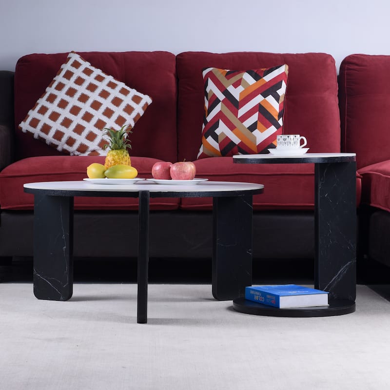 Coffee Table Set of 2 Nesting Table for Bedroom, End Table Center Table White Black Accent Table Sofa Table