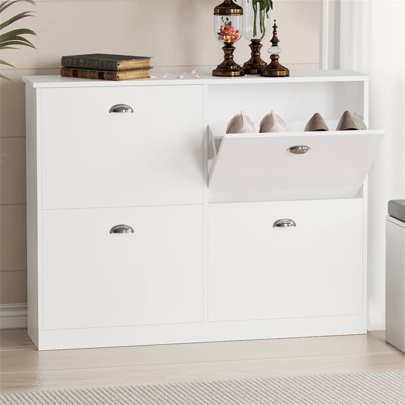 Wood Hidden Slim Narrow Shoe Cabinet with 4 Drawers for Bedroom - White