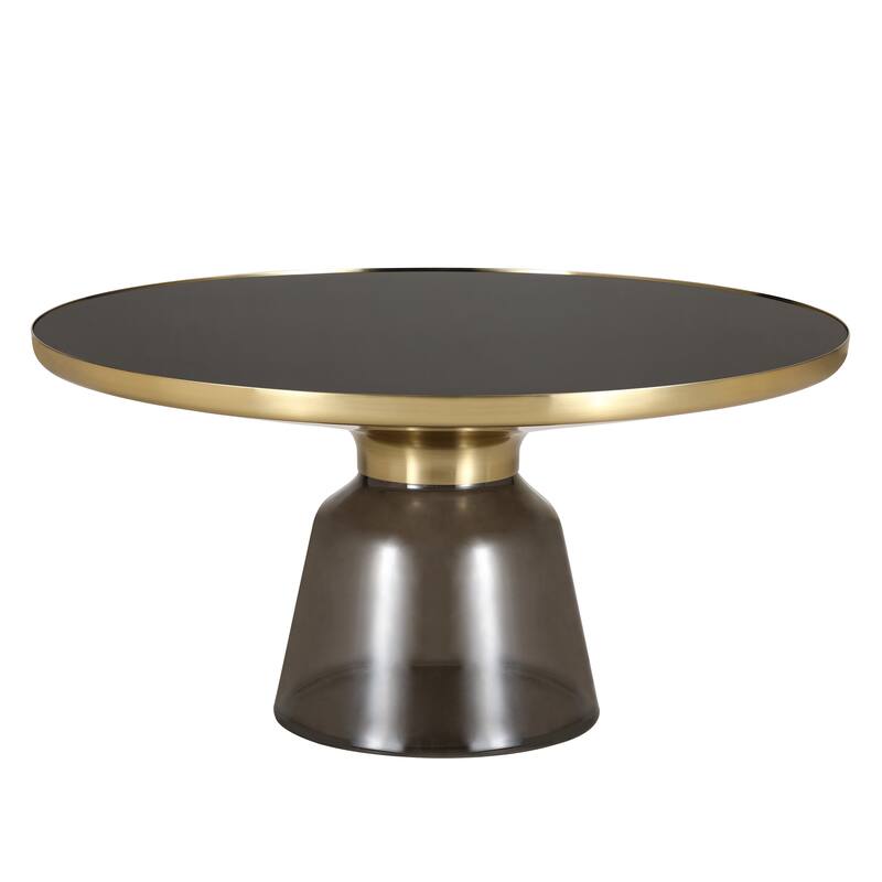 30-Inch Round Coffee Table Glass/Stone Tabletop with Gold Iron Rim Frame Glass Pedestal Base