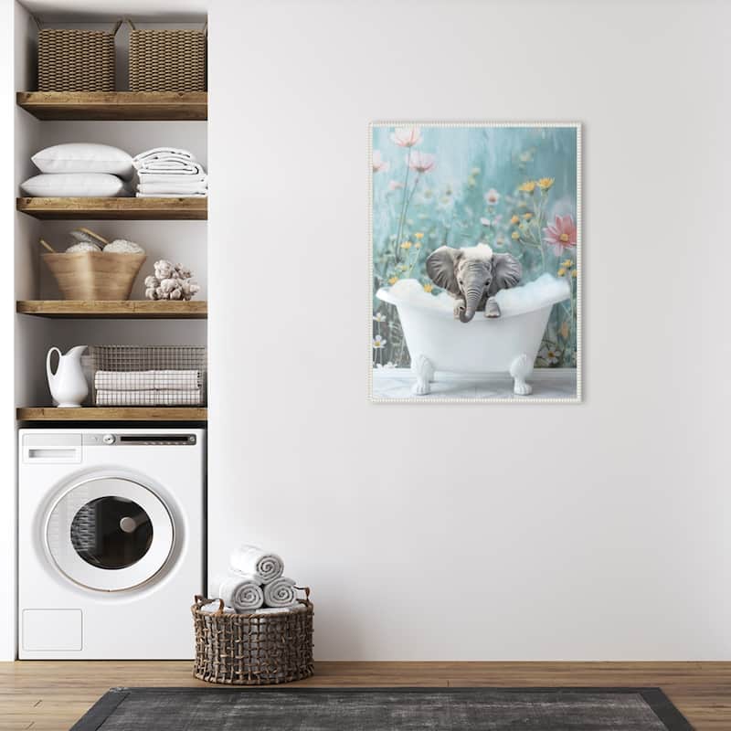 Blue Blossom Elephant Bath by Niky Rahner Framed Canvas Wall Art
