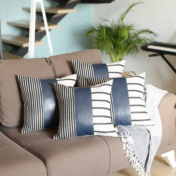 Set of 4 Blue and White Stripes with Faux Leather Pillow Covers Set of 4 Blue and White Stripes with Faux Leather Pillow Covers