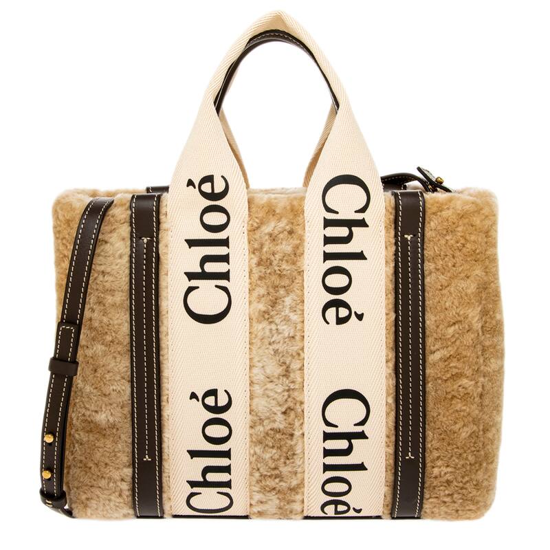 Chloe Small Woody Tote Bag in Shearling - Summery Beige