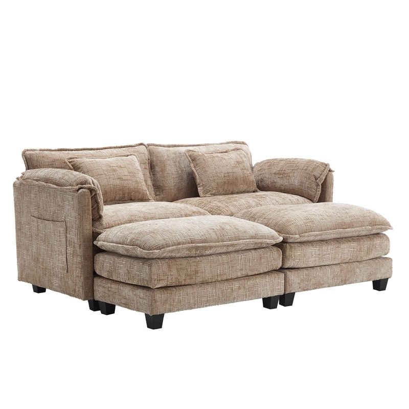 76.77" Chenille Upholstered Sofa with 2 Ottomans