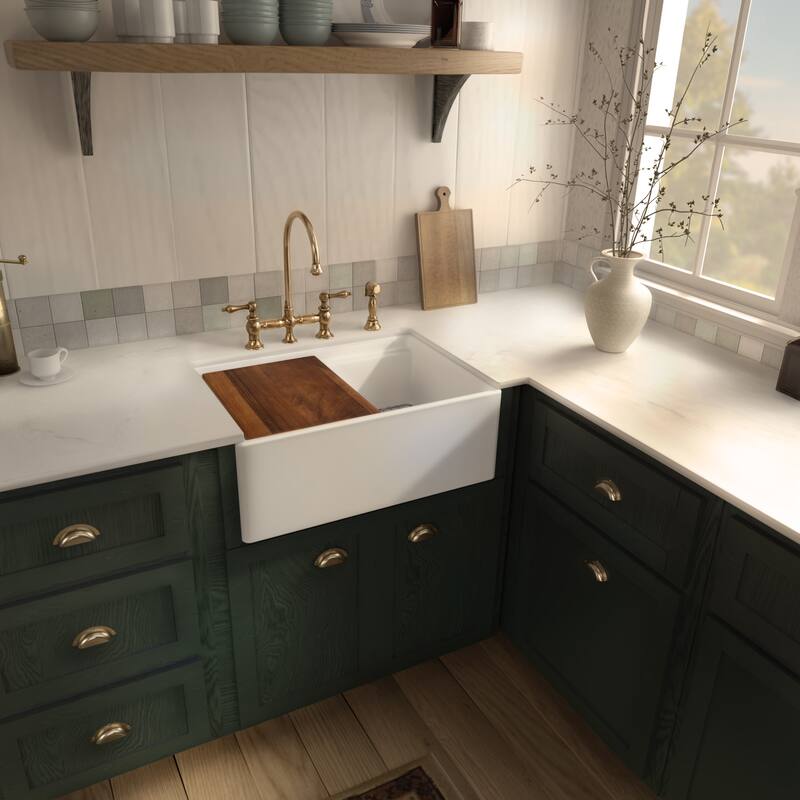Front apron single bowl fireclay kitchen sinks with walnut wood cutting board and stainless steel grid