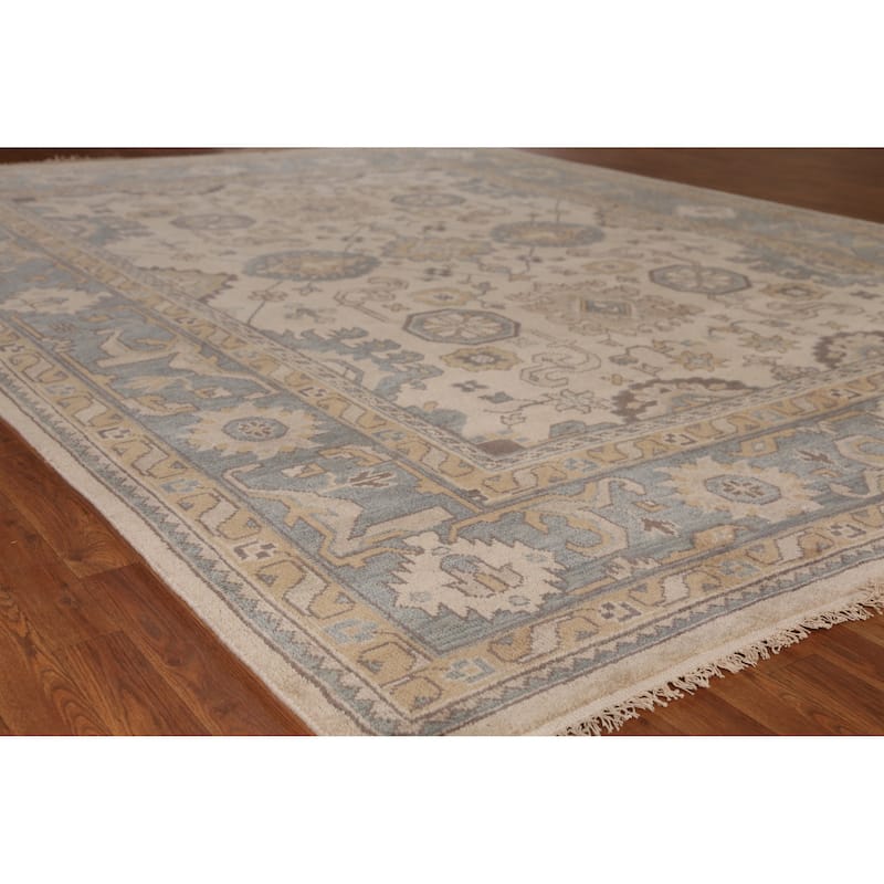 Earth Tone Geometric Oushak Indian Area Rug Handmade Wool Carpet - 9'3" x 11'11" - Ivory/Beige - 9'3" x 11'11"