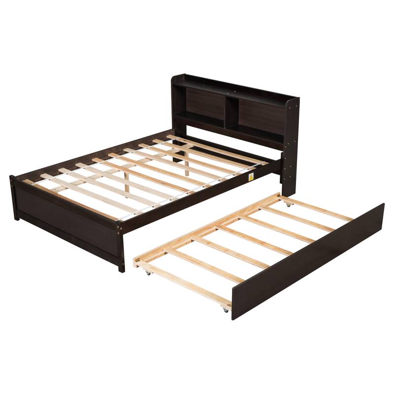 Full/Twin Storage Bed with Trundle and Bookcase Headboard, Pine Wood Bed Frame with Shelves, Space-Saving Design