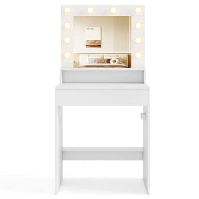 White MDF Vanity Desk with Mirror, Adjustable LED Lights, Built-in Charging Station and Spacious Storage - 26" x 16" x 53.5"