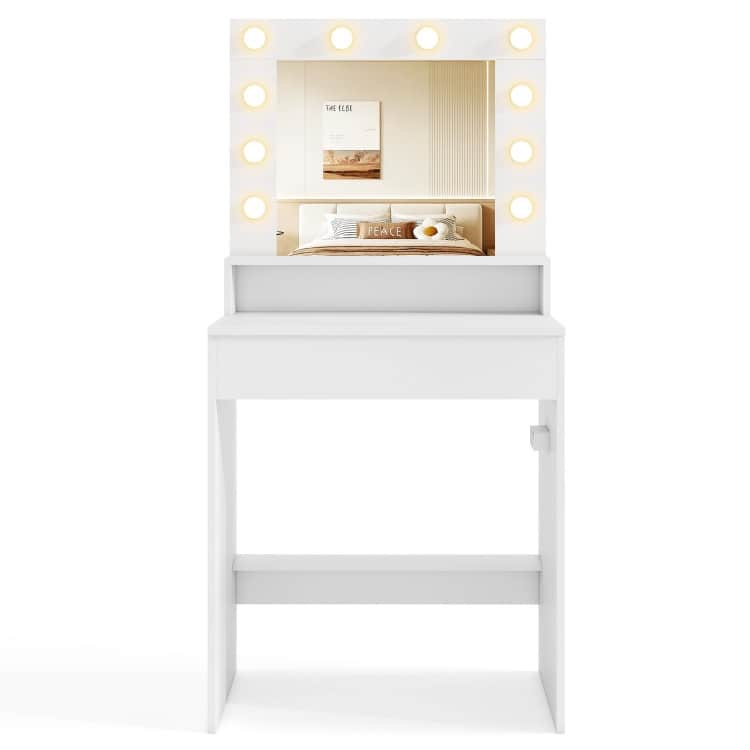 White MDF Vanity Desk with Mirror, Adjustable LED Lights, Built-in Charging Station and Spacious Storage - 26" x 16" x 53.5"