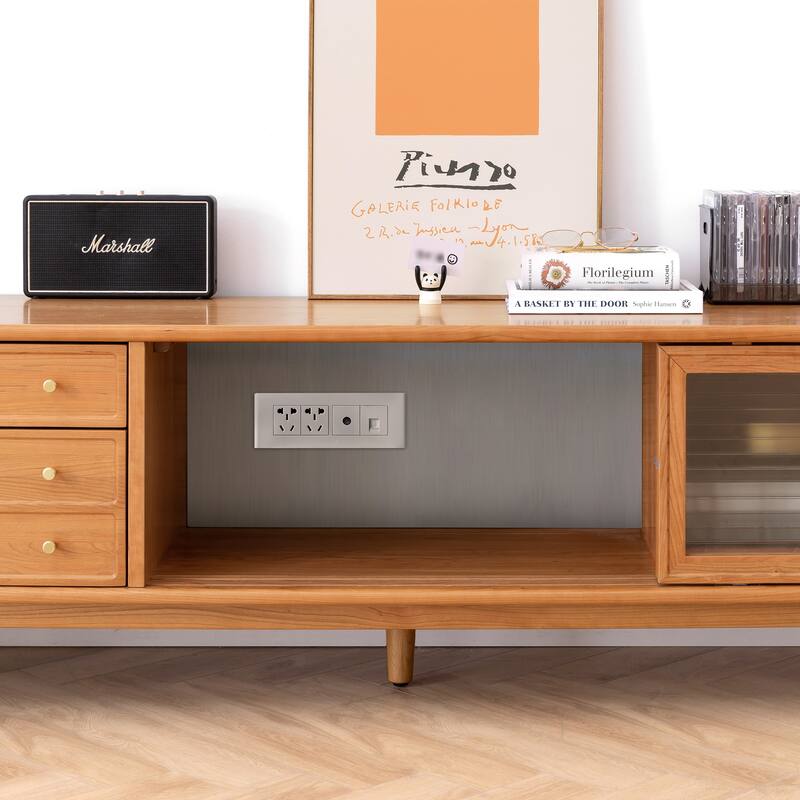 Christopher Knight Home - Yuehua Solid Cherry Wood 78" TV Stand with Changhong Glass Doors & Dual Drawer Storage