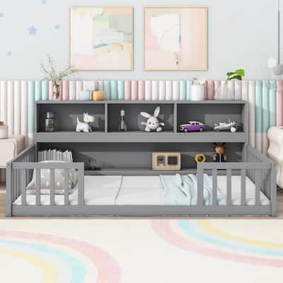 Floor Bed with Bedside Bookcase,Shelves,Guardrails