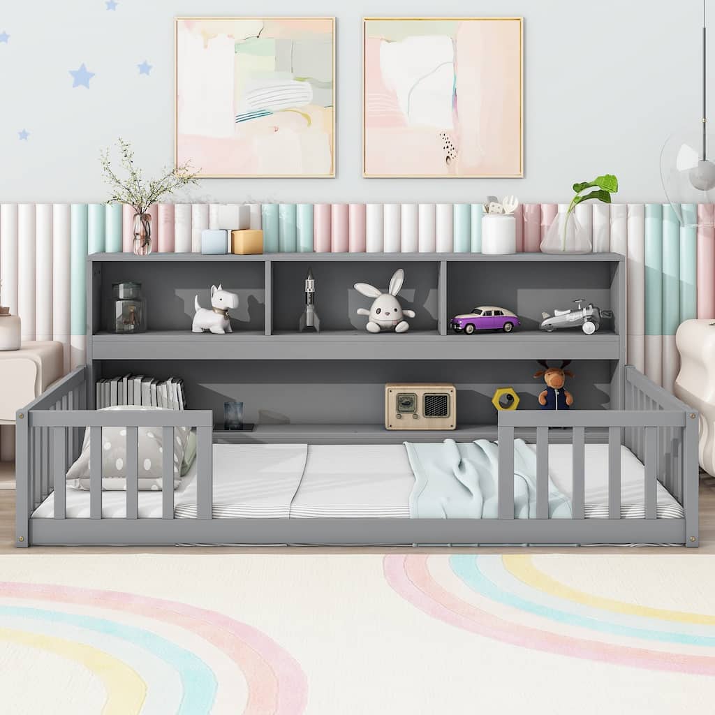 Grey Twin Floor Bed with Built-in Bookcase, Shelves and Safety Guardrails