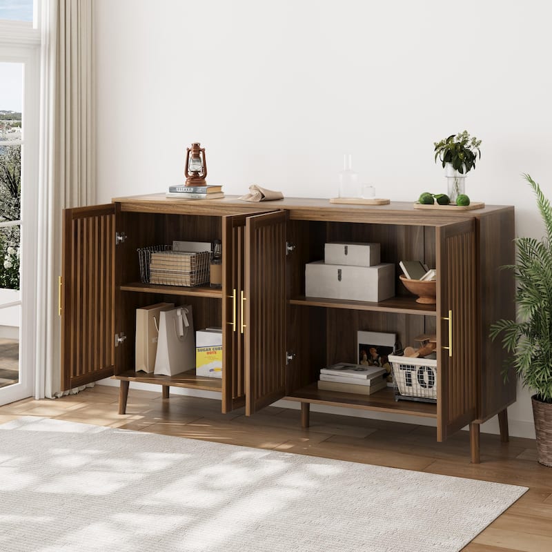 Grille-Striped 4 Doors Sideboard Buffet Cabinet, Accent Storag Cabinet