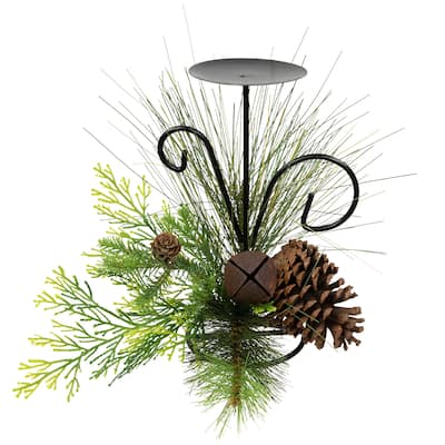 Pine Cones and Jingle Bell Christmas Pillar Candle Holder - 10"