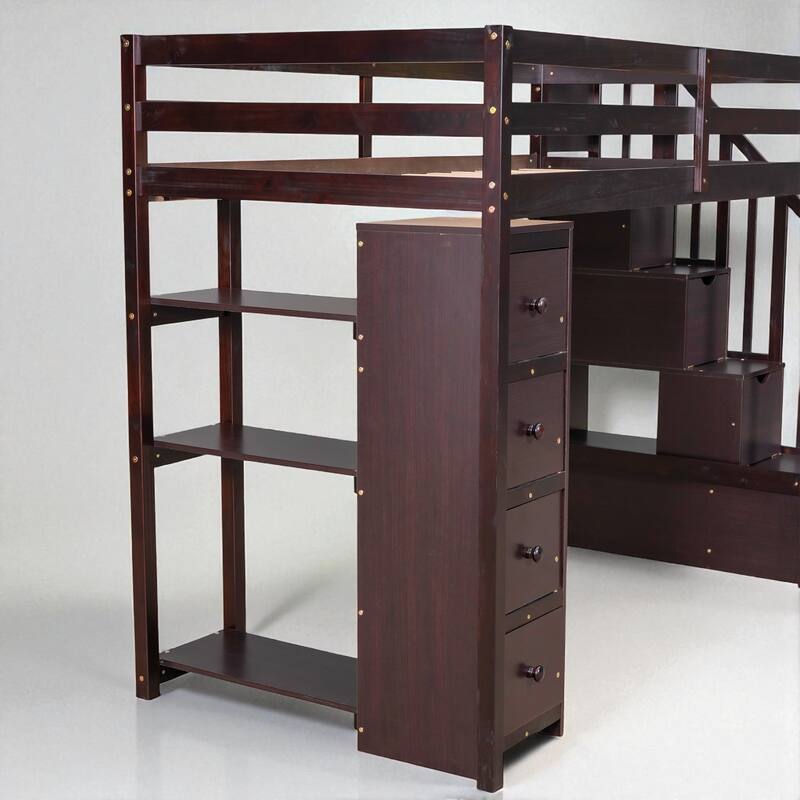 Twin Size Wooden Loft Bed with Drawers, Shelves, and Stairs for Kids Teens, No Box Spring Required