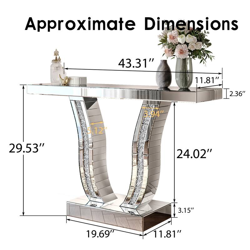 Roomfitters 43" Mirrored Console Table, Modern Silver Entryway Sofa Table with Curved Stone-Inlaid Legs, Silver