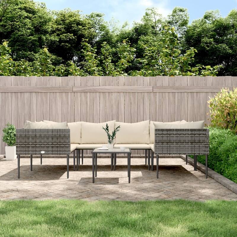vidaXL 6 Piece Patio Lounge Set with Cushions Gray Poly Rattan - Gray7 Piece
