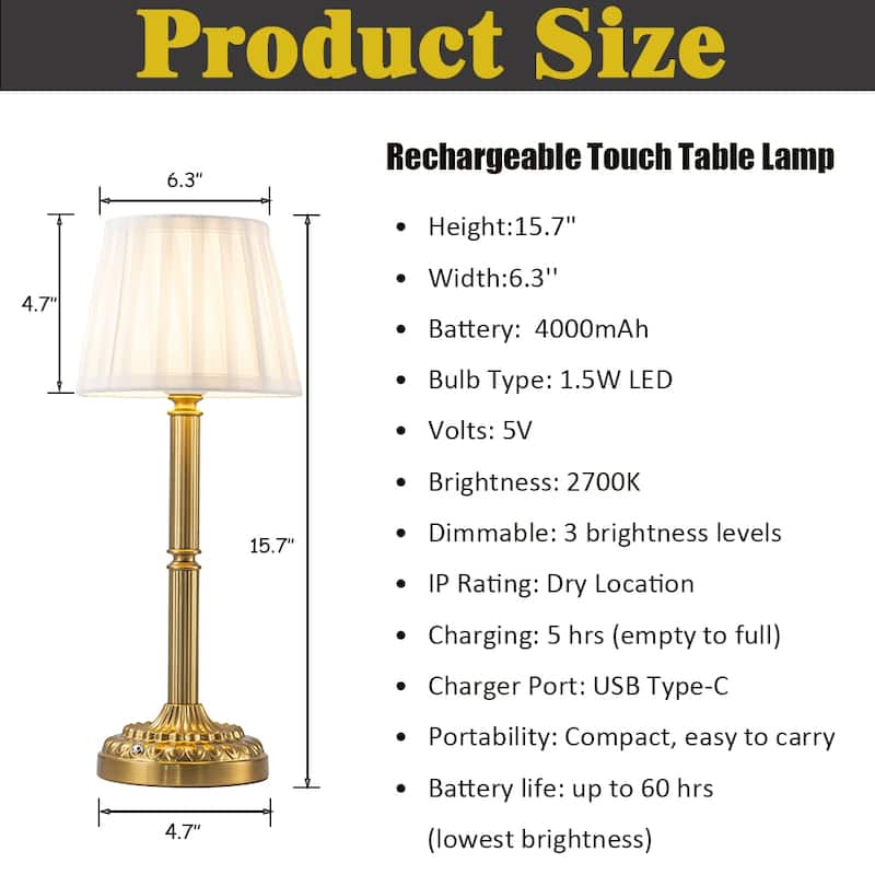 ALOADECOR Glam Cordless Brass Table Lamp Touch Control with 3 Way Classic Elegant Dimmable LED Nightstand Lamp with Fabric Shade