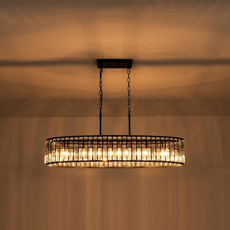 6-Light Modern Vintage Black Crystal Chandelier with Curved Drum Frame, Rectangular Island Pendant Light