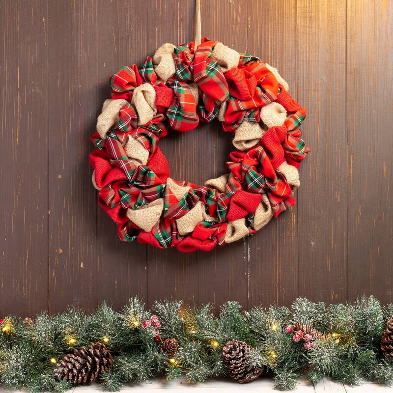 Glitzhome Christmas Patriotic Plaid Fabric Decorative Wreath