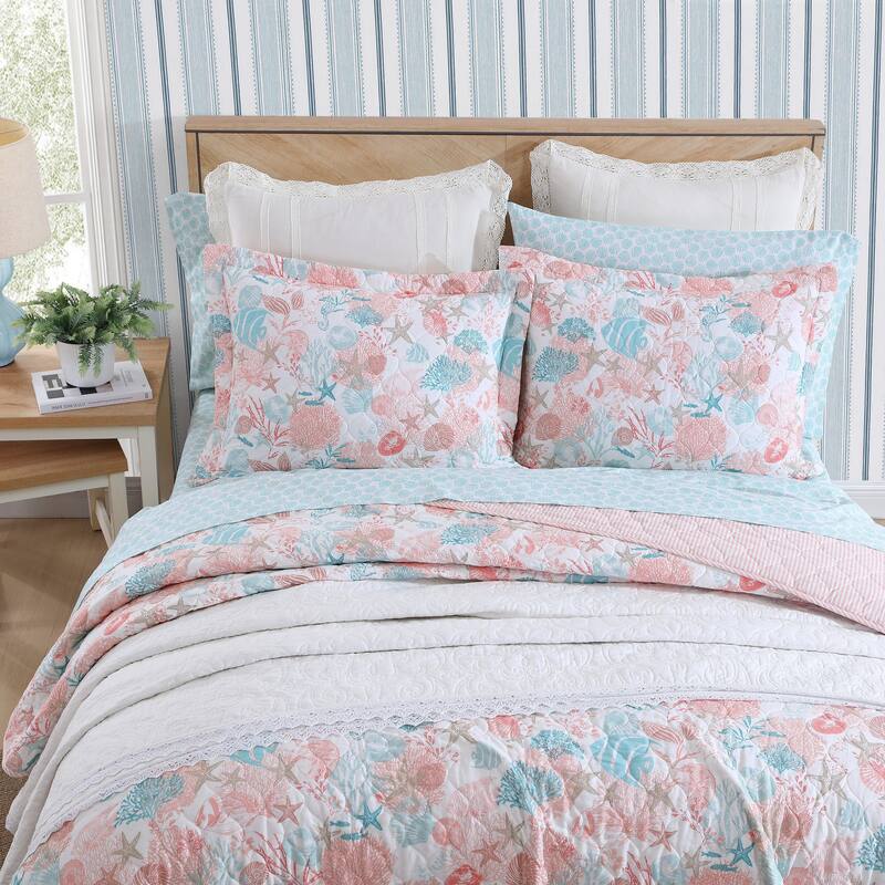 Laura Ashley Swimtime Cotton Reversible Pink Quilt Set