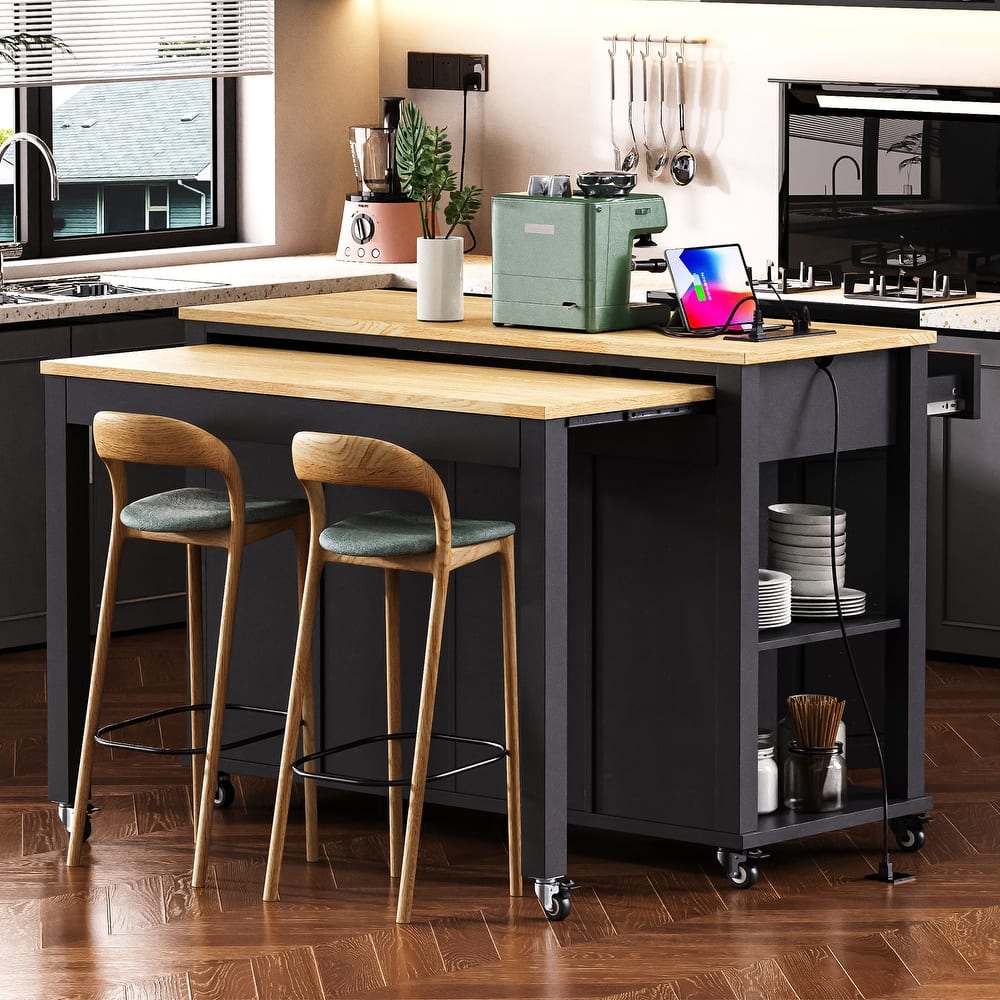 47.20'' Rubber Wood Kitchen Island with Extendable Dining Table, Power Outlet, and 2 Drawers - 47.2'' x 33.5'' x 36.75''